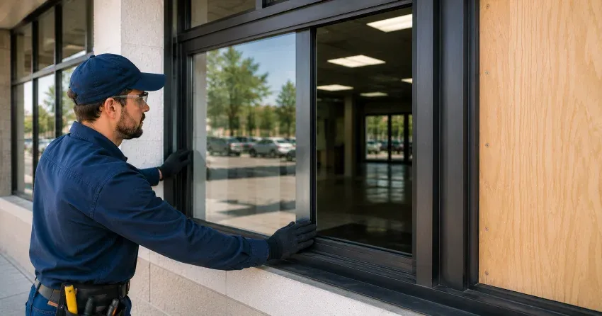 technician boarding a broken window after a break-in in Rouge, Scarborough