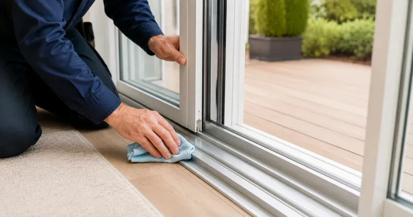 technician inspecting a sliding patio door track in Birch Cliff, Scarborough