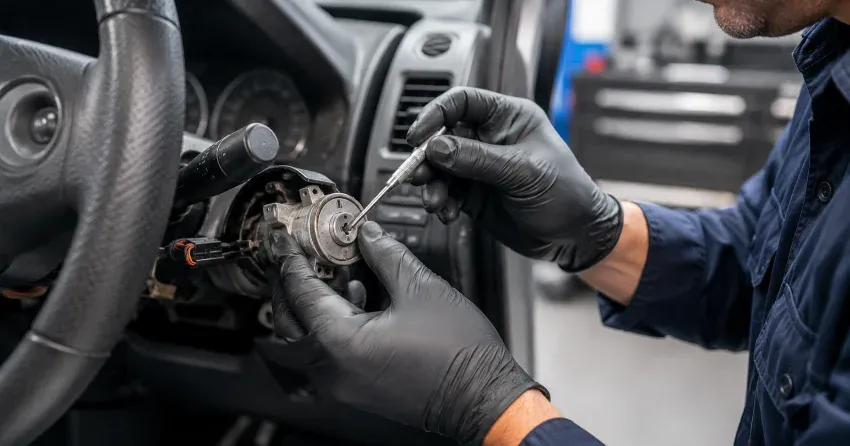 technician diagnosing an ignition lock repair issue in Cliffside, Scarborough