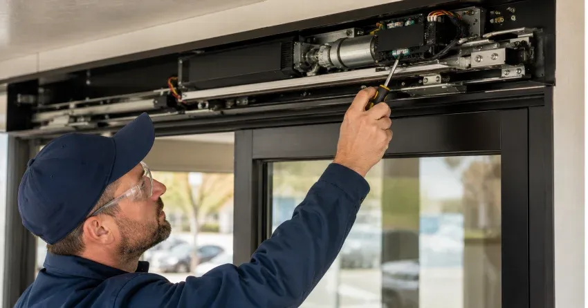 technician completing automatic door repair on residential property in Maryvale, Scarborough