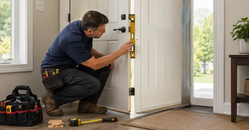 technician diagnosing a misaligned door frame in Clairlea, Scarborough