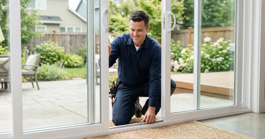 technician diagnosing a sticking patio door in Woburn, Scarborough