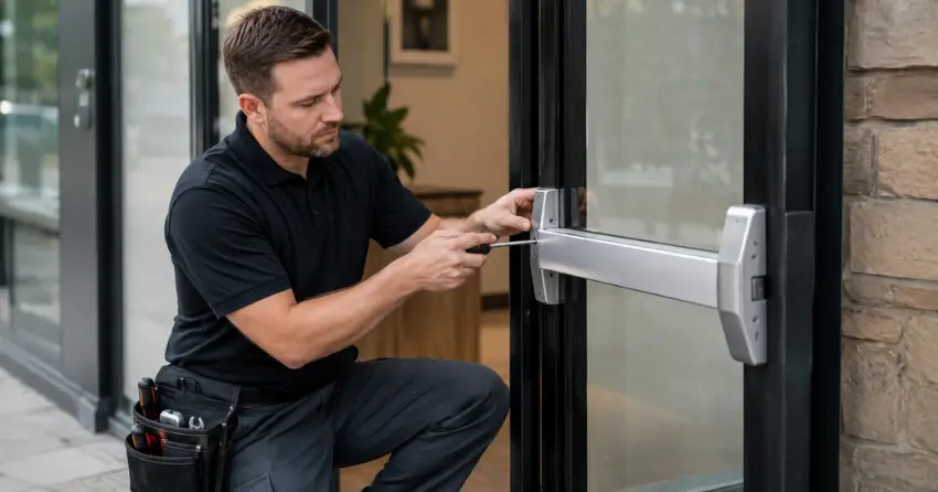 commercial locksmith repairing exit device on storefront door Wexford, Scarborough