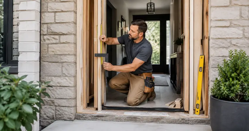 exterior door installer assessing rough opening in Maryvale, Scarborough