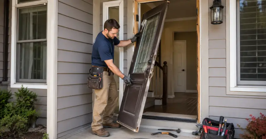 old exterior door being removed for replacement in Maryvale, Scarborough