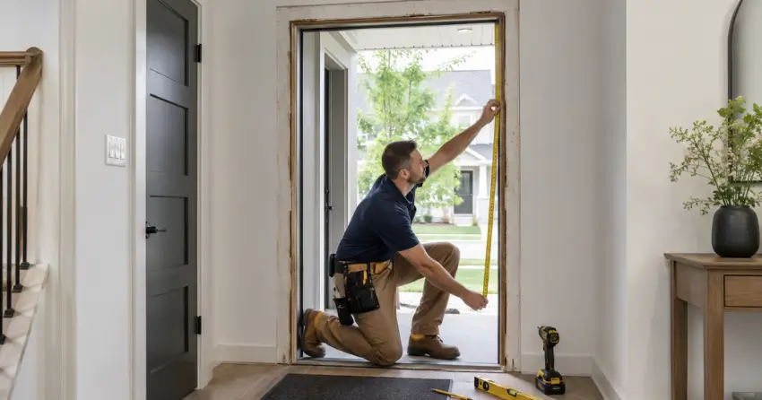 technician measuring a door frame before new door installation in Bendale, Scarborough