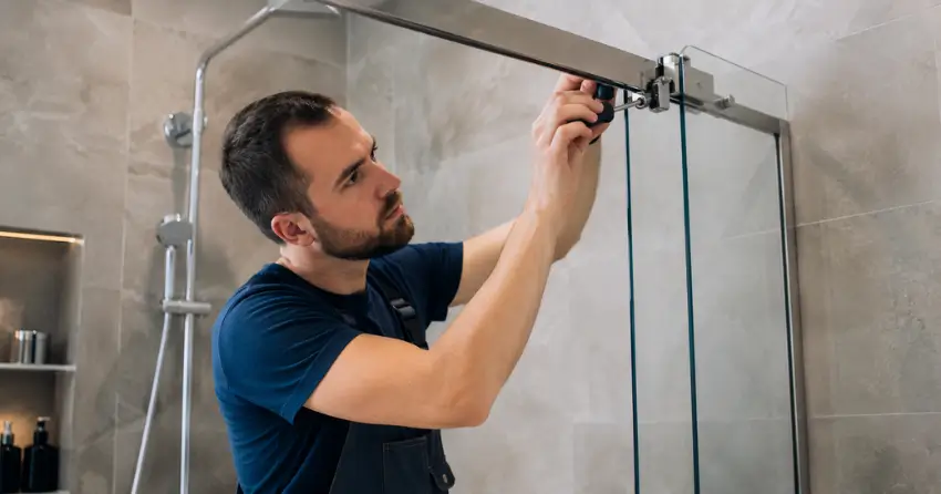 technician adjusting shower door hinge and track in Wexford, Scarborough