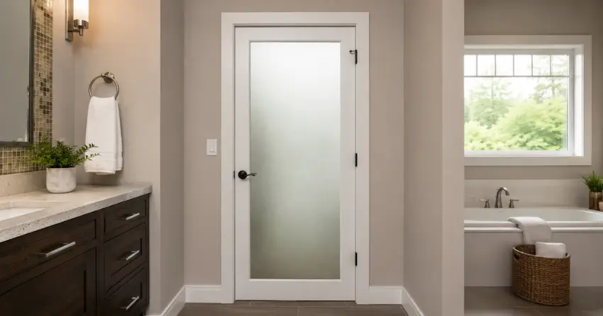 frosted glass panel bathroom door installed in a Rouge, Scarborough home