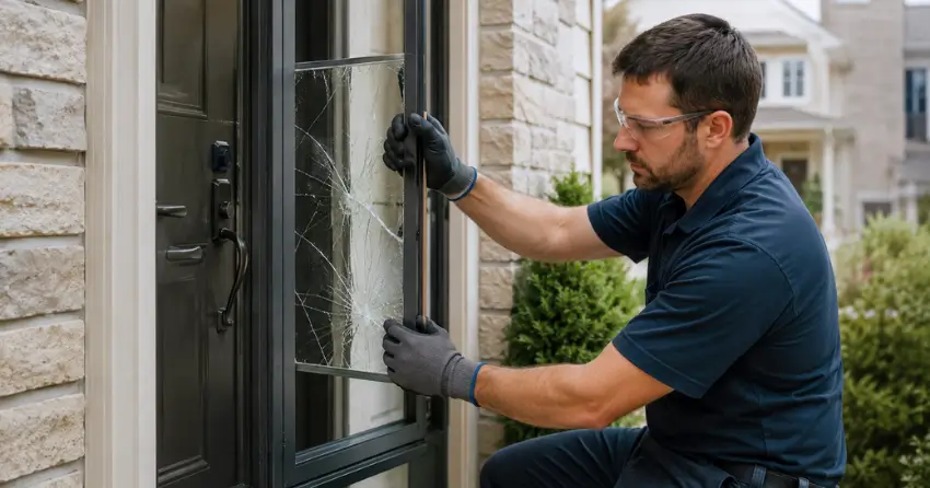 technician removing cracked storm door glass panel in Guildwood, Scarborough