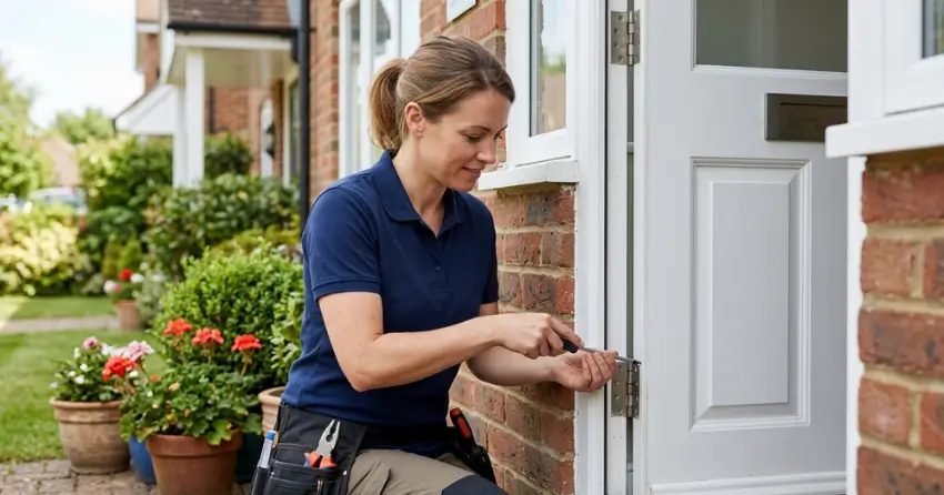 technician repairing exterior door hinge and frame in Woburn, Scarborough