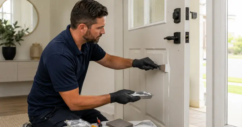 technician repairing fiberglass door surface crack in Rouge, Scarborough