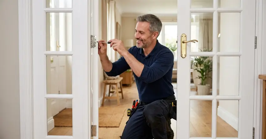technician adjusting French door hinge for proper alignment in Guildwood, Scarborough