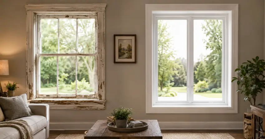 side by side comparison of old and new window in Scarborough