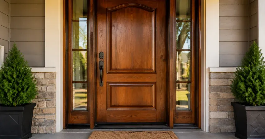 wood door mid-restoration showing stripped bare wood in Bendale, Scarborough
