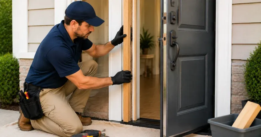 technician inspecting damaged door frame corner in Maryvale, Scarborough