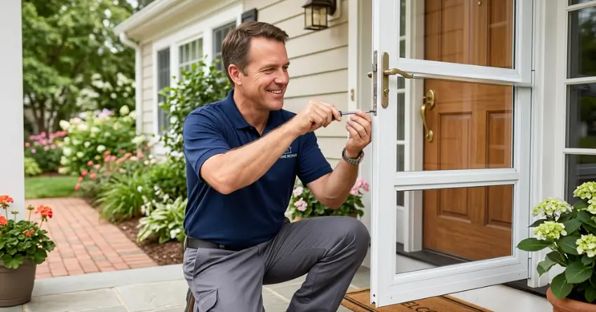technician adjusting storm door hinge and closer in Guildwood, Scarborough