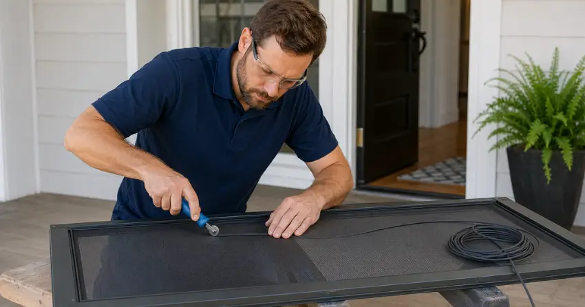 technician replacing screen door mesh and spline in Clairlea, Scarborough